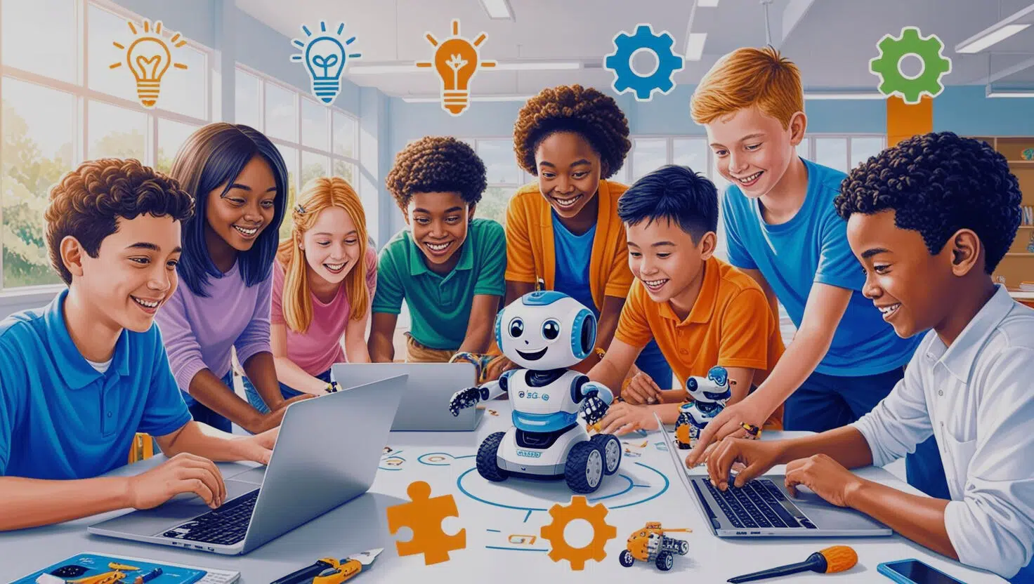 Niños interactuando con computadores y robot