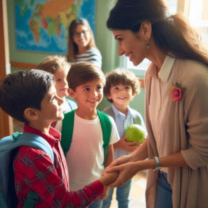 Dueña de colegio con estudiantes
